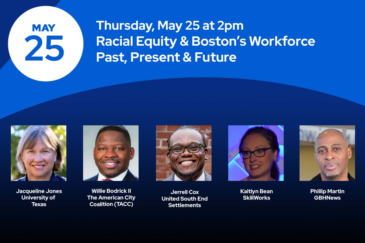 GBH Forum Network (@gbhforumnetwork) on Twitter photo Thursday, May 25 at 2pm - Join <a href="/SkillWorks_MA/">SkillWorks</a> at the <a href="/bostonfdn/">Boston Foundation</a> for a discussion about racial equity & Boston’s workforce, past, present & future 👉 bit.ly/3Ww6qIU
with Jacqueline Jones, <a href="/TACC_Boston/">The American City Coalition (TACC)</a> <a href="/WillBeamer/">Rev. Willie Bodrick II</a>, <a href="/UnitedSouthEnd/">United South End Settlements (USES)</a> Jerrell Cox, <a href="/katieabean/">Kaitlyn Bean</a> & <a href="/phillipWGBH/">Phillip W.d. Martin</a> Thursday, May 25 at 2pm - Join <a href="/SkillWorks_MA/">SkillWorks</a> at the <a href="/bostonfdn/">Boston Foundation</a> for a discussion about racial equity & Boston’s workforce, past, present & future 👉 bit.ly/3Ww6qIU
with Jacqueline Jones, <a href="/TACC_Boston/">The American City Coalition (TACC)</a> <a href="/WillBeamer/">Rev. Willie Bodrick II</a>, <a href="/UnitedSouthEnd/">United South End Settlements (USES)</a> Jerrell Cox, <a href="/katieabean/">Kaitlyn Bean</a> & <a href="/phillipWGBH/">Phillip W.d. Martin</a>