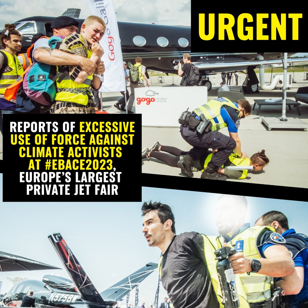 🚨URGENT:  We are extremely concerned about the reports of excessive use of force against the climate activists at #EBACE2023 Europe’s largest private jet fair. We demand the immediate release of the 100 detained activists. Updates to come. #BanPrivateJets greenpeace.org/banprivatejets