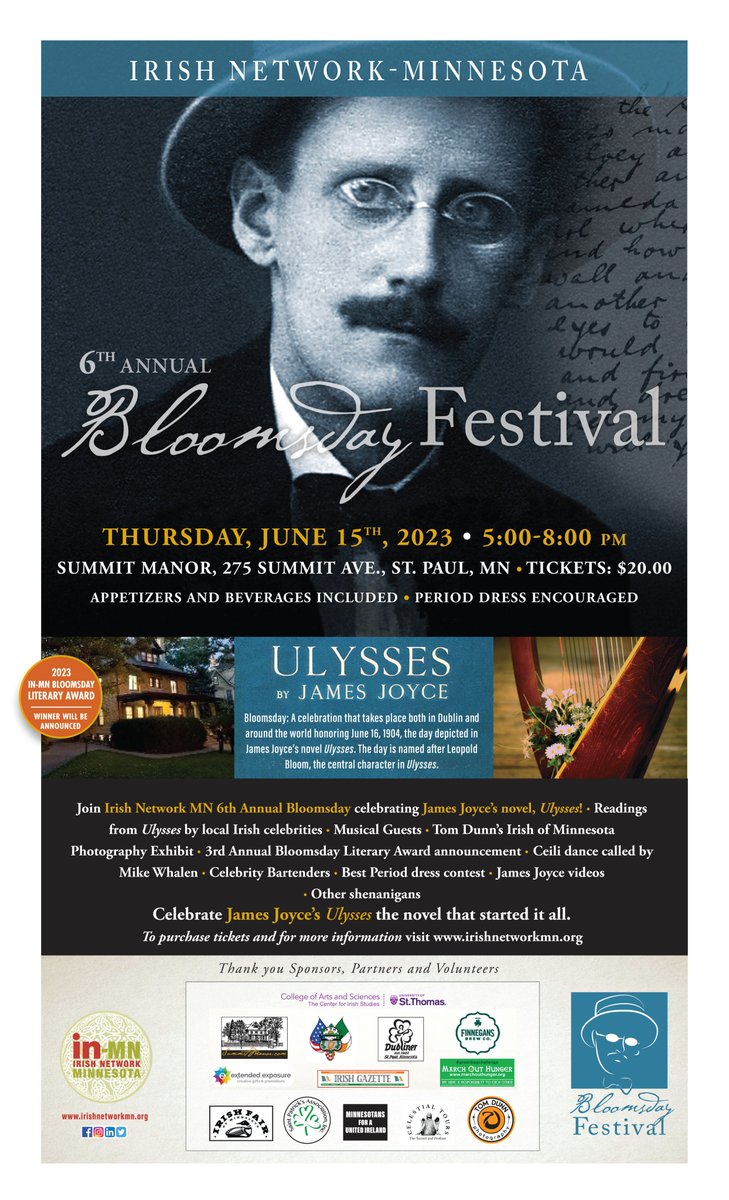 IN-MN will be celebrating Bloomsday 2023 at the beautiful Summit Manor! Join us Thurs., 6-15, for our 6th Annual Bloomsday Festival! Purchase tickets at irishnetworkmn.org #Bloomsday2023 #INMNBloomsday2023
