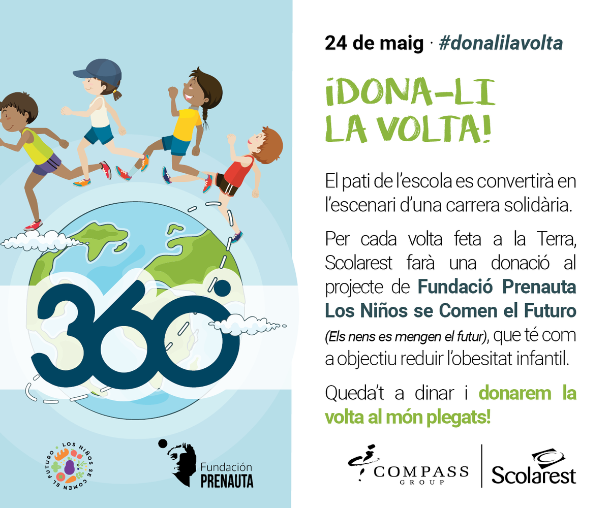 ImmaVedruna's tweet photo. Demà el pati de l'escola acollirà una cursa solidària.
Sumant tots els km recorreguts a les escoles i després de calcular quantes voltes al món han donat, #Scolarest farà una donació per cada volta al projecte @cometeelfuturo contra la obesitat infantil.
@CompassGroupES https://t.co/eQFGlJKn7a