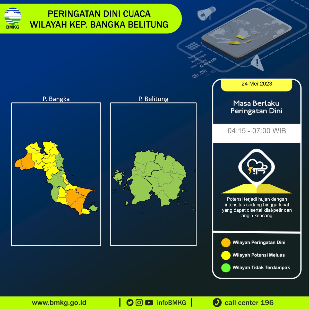 infoBMKG's tweet photo. Update Peringatan Dini Cuaca Wilayah - Bangka Belitung Tgl. 24 Mei 2023 pkl. 04:15 WIB
Prakirawan - BMKG - Bangka Belitung
https://t.co/eKEwxFDs9N https://t.co/6DQ71VFmJS
