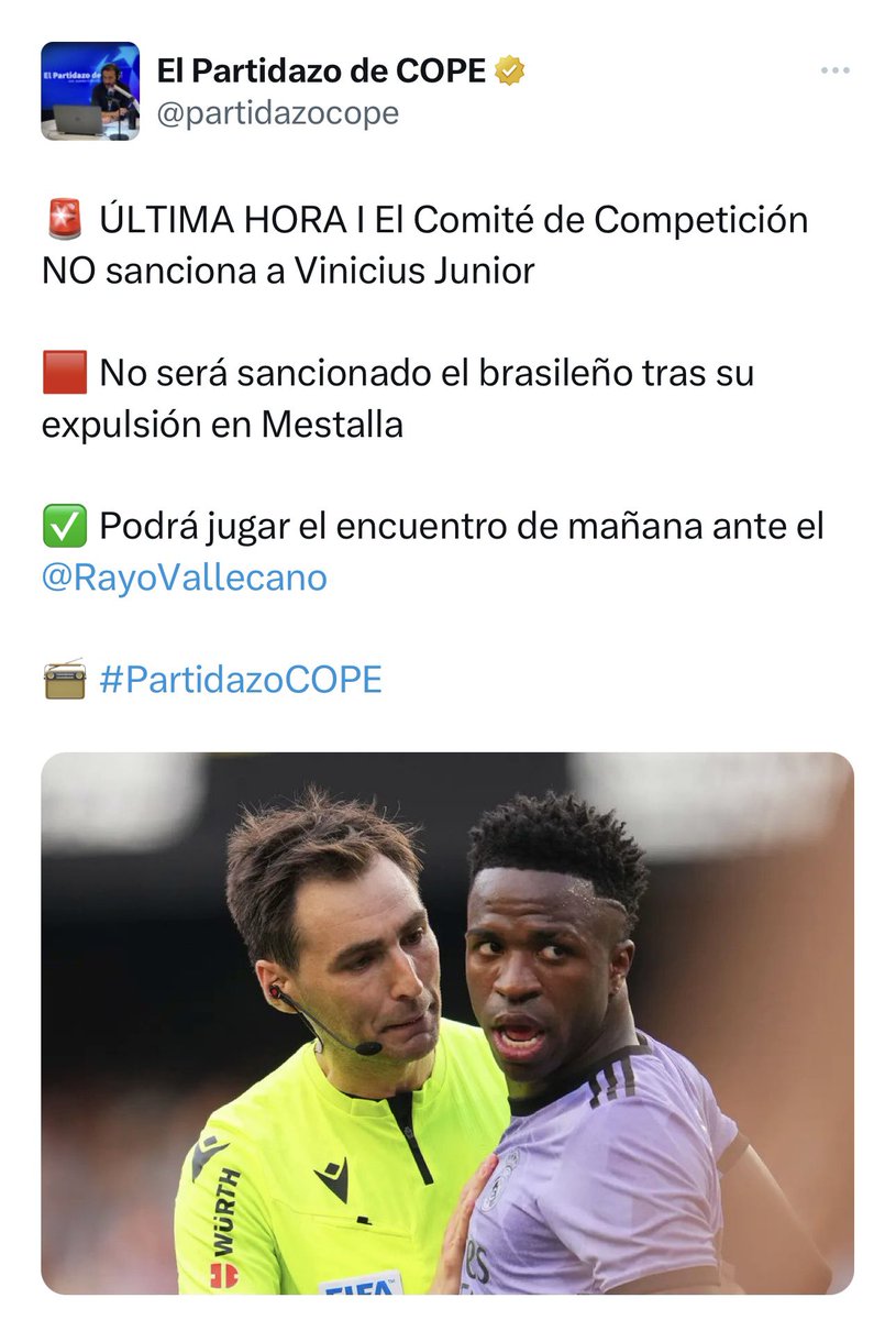 ➡️ Cierre parcial de Mestalla.
➡️ 6 árbitros fulminados.
➡️ Expulsión anulada a Vinicius.

Un poco más y también le quitan la liga al Barça y se la dan al Madrid. ¡HALA MADRID Y NADA MÁS!