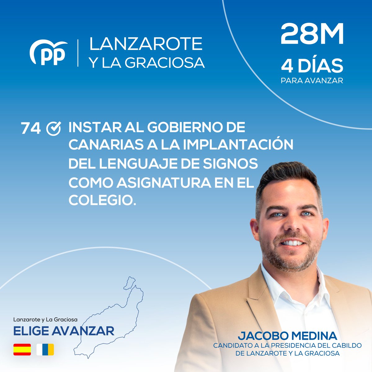 jacobo_medina's tweet photo. 🔵 Propuesta número 74 🔵🔵
Instar al Gobierno de Canarias a la implantación del lenguaje de signos como asignatura en el colegio ✅
#JacoboMedina2023
#lanzarote #pplanzarote #lagraciosa #arrecife #tias #playablanca #yaiza #playahonda #haria #tinajo #teguise https://t.co/3XKMgFobzq