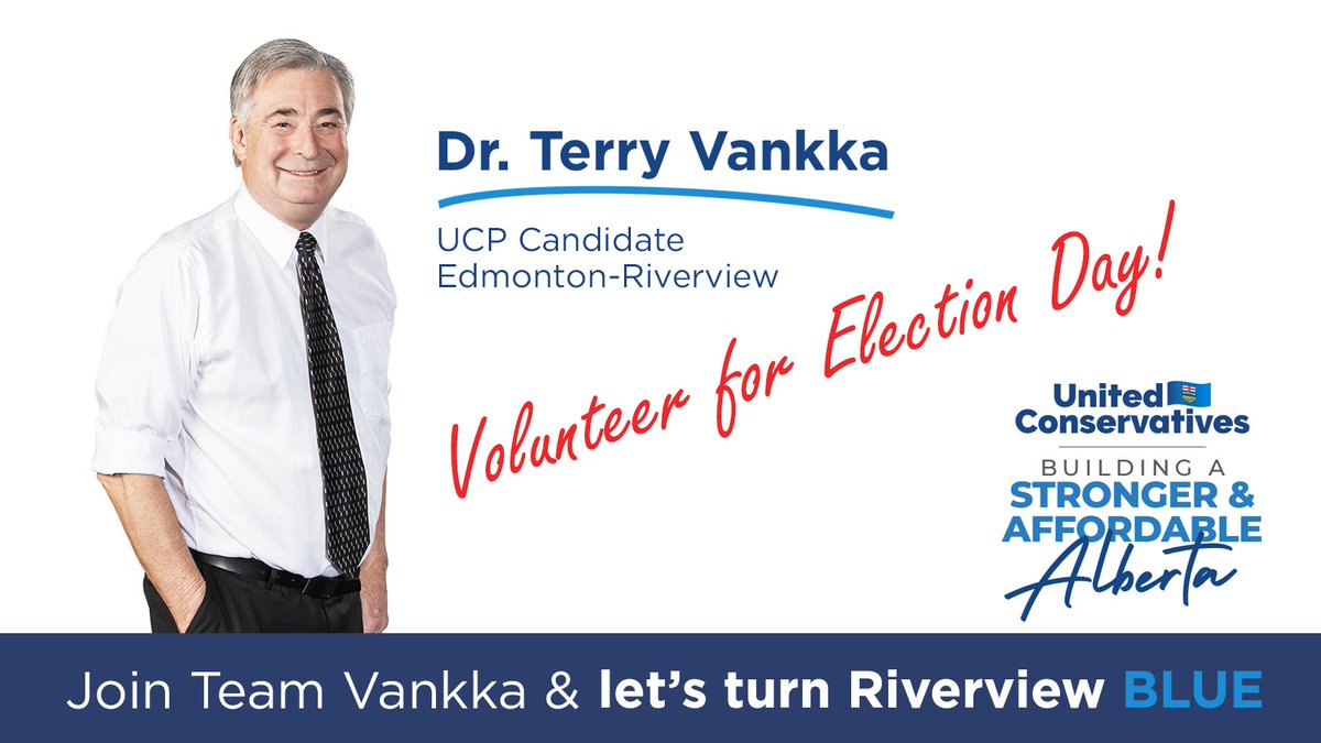terryvankka's tweet photo. Volunteer for Election Day! Help Team Vankka get out the vote in Edmonton-Riverview on May 29! Help with driving voters, scrutineer at a polling station, be a runner, or provide office assistance. Sign up at: 

https://t.co/WfoltG5iT2

#TeamUCP #abvotes #AbElection2023 https://t.co/AmNBnPQwnE
