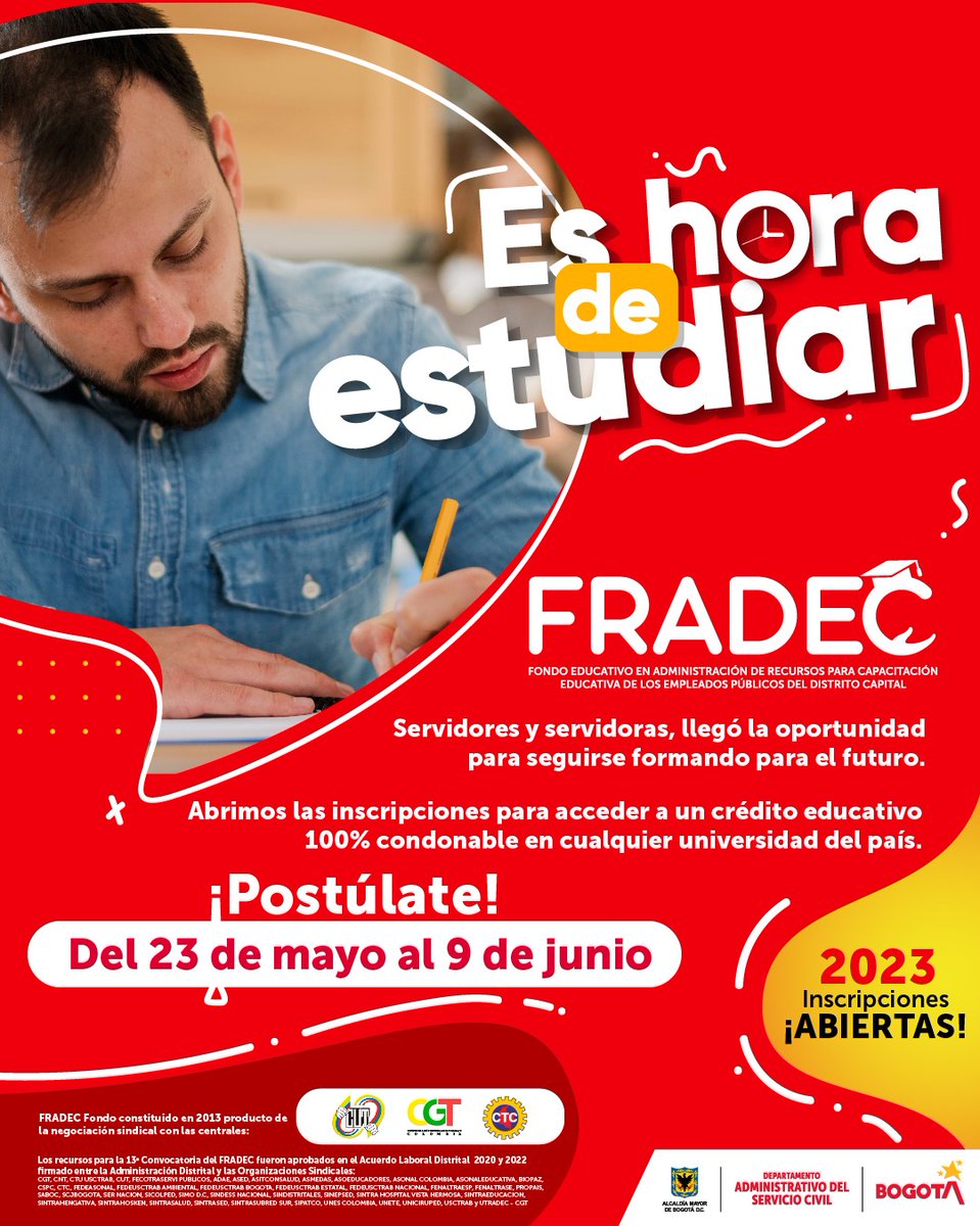 ServicioCivilD's tweet photo. #Atención 🚨 ¡Llegó la hora! Abrimos las inscripciones del Fondo Educativo #FRADEC 🤩
Si eres servidor o servidora, inscríbete para estudiar la carrera que quieras para seguir creciendo laboral y profesionalmente en cualquier institución del país.
⏩https://t.co/FLGpPodiV8 https://t.co/b1lhqCiE6s