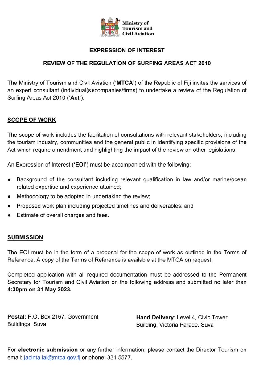 MTCAFiji's tweet photo. 📣 The Ministry of Tourism and Civil Aviation  invites the services of an expert consultant (individual(s)/companies/firms) to undertake a review of the Regulation of Surfing Areas Act 2010. https://t.co/wGQPyytIeP