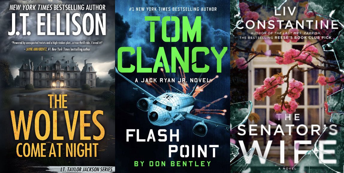 I'm truly lucky to be friends with such talented people! Happy pub day to <a href="/thrillerchick/">J.T. Ellison</a> for THE WOLVES COME AT NIGHT, <a href="/bentleydonb/">Don Bentley</a> for FLASH POINT, and <a href="/LivConstantine2/">Liv Constantine</a> (fellow sibling co-authors Lynne and Val) for THE SENATOR'S WIFE.