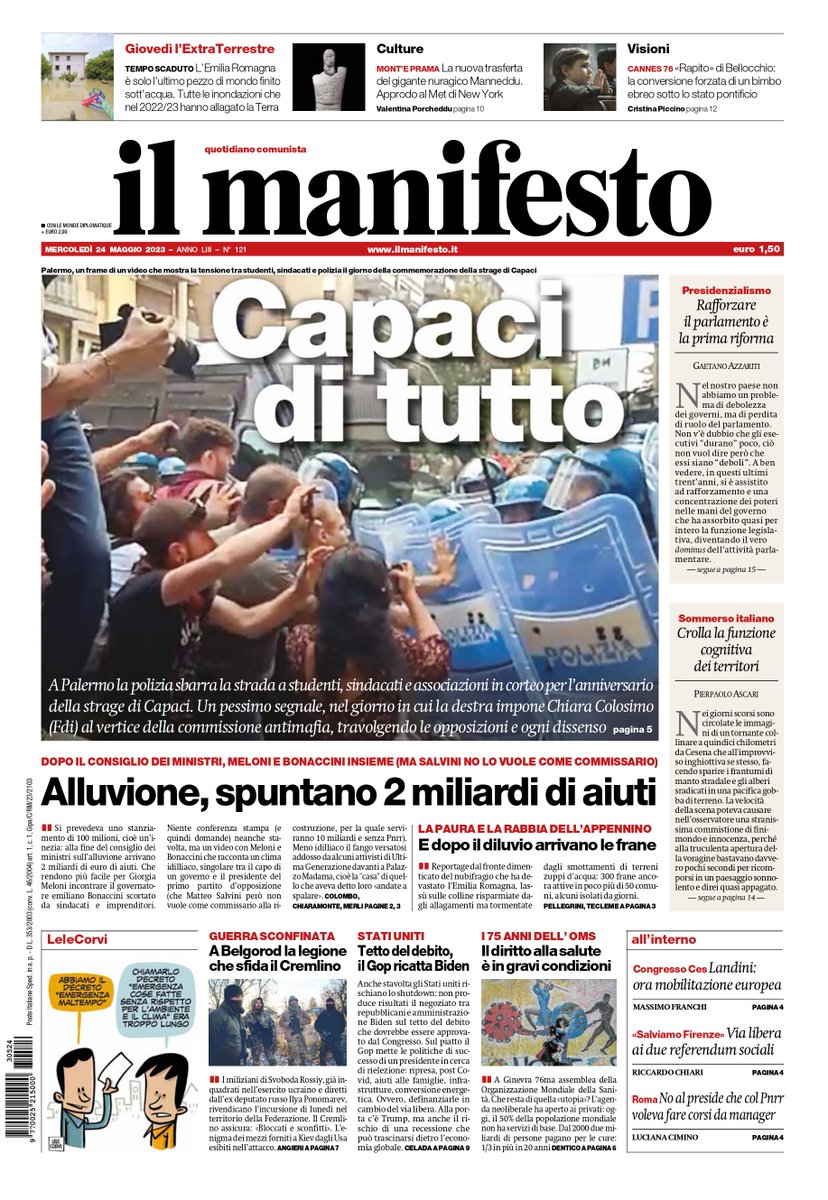 ilmanifesto's tweet photo. A #Palermo la polizia sbarra la strada a studenti, sindacati e associazioni in corteo per l’anniversario
della strage di #Capaci. Un pessimo segnale, nel giorno in cui la destra impone #ChiaraColosimo 
(Fdi) al vertice della commissione antimafia
#24maggio #laprima #ilmanifesto https://t.co/i0gC4g3ktU