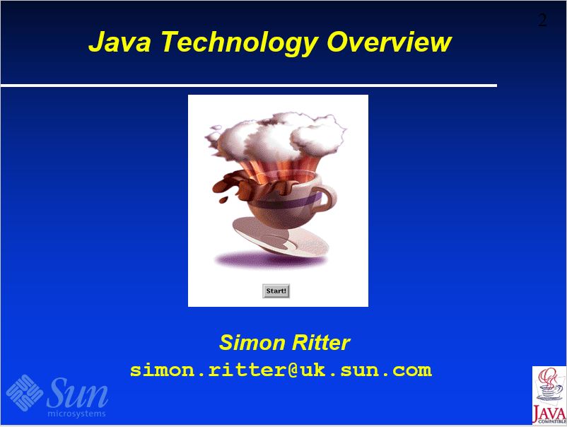 speakjava's tweet photo. As it's the 28th birthday of #Java, here are a few of the slides from my first ever Java presentation. Delivered on 3rd October 1996.
Not so sure about the last one... https://t.co/qOrCF6onPt