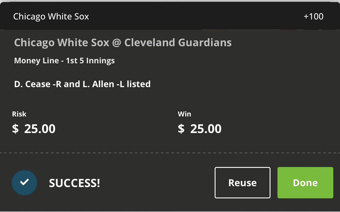 nojuicecaps's tweet photo. 5/23 MLB ⚾️

White Sox F5 ML (+100)
Rays F5 ML (-122)

Will have more MLB &amp; NBA play later. GL. 

#GamblingTwitter https://t.co/StuEpkmcch