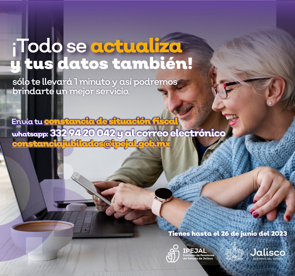 ipejalgob's tweet photo. ¡ACTUALIZA TUS DATOS! Ante las nuevas disposiciones del SAT, jubilados y pensionados del IPEJAL deberán actualizar su constancia de situación fiscal. Es muy fácil, solo debe enviar su documento vía #WhatsApp al 33 29 42 00 42 o al correo constanciajubilados@ipejal.gob.mx https://t.co/YxB6IG0gLM
