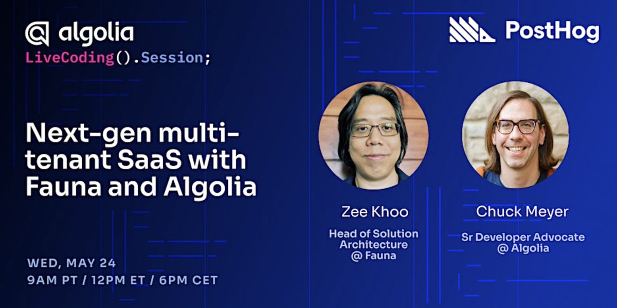 algolia's tweet image. 📣 NEW #LiveCodingSession kicks-off tomorrow!

Join Algolia&apos;s @chuckm + @fauna&apos;s Zee Khoo to learn how to build a serverless, composable data architecture for your multi-tenant SaaS application.

📆 Wednesday, May 24th @ 12PM ET
🎟️ Register for FREE today: bit.ly/426bh5D