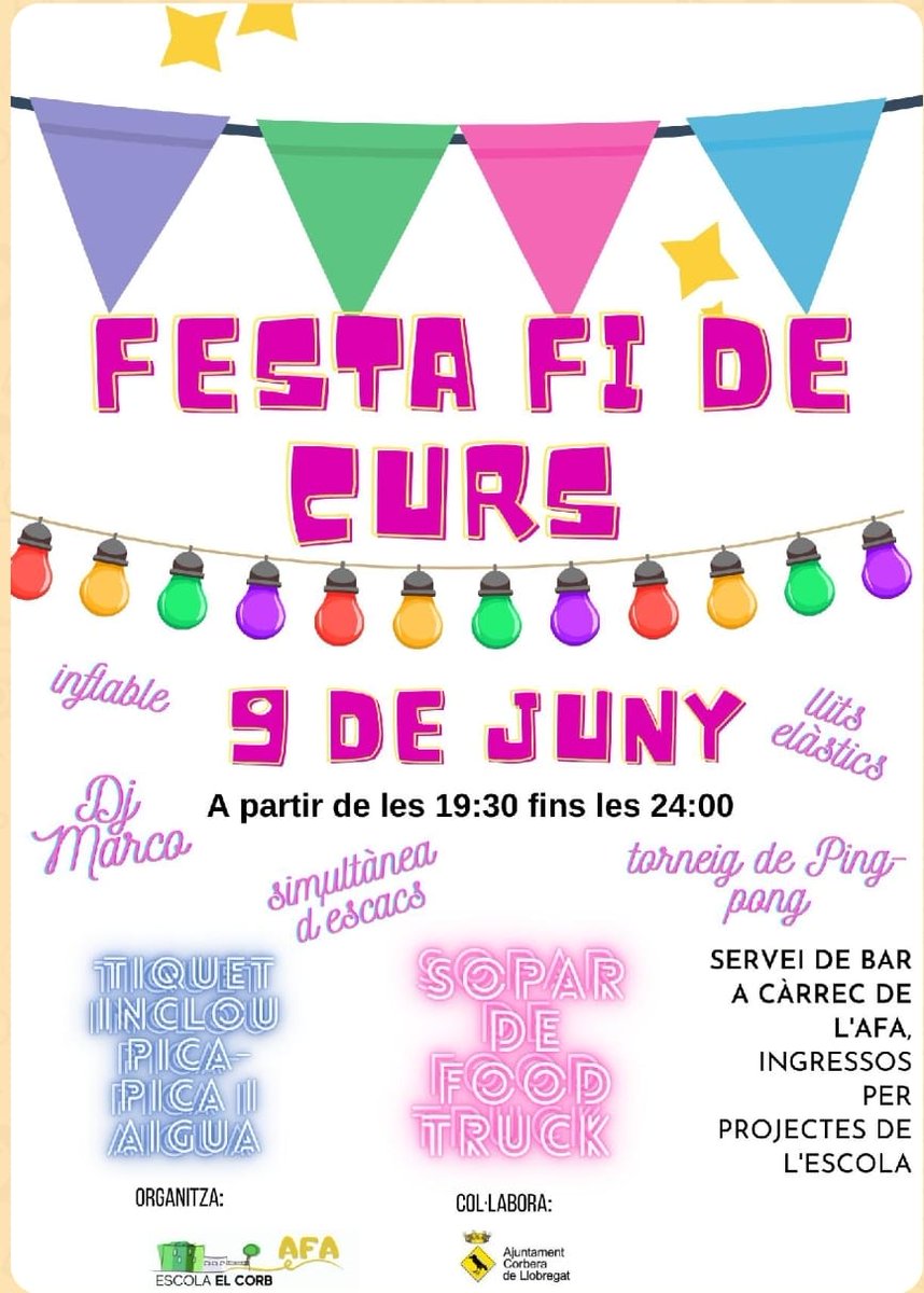afaescolaelcorb's tweet photo. S'acosta la festa de fi de curs i cal agafar tiquet previ que  inclou aigua i pica pica, cost:  3€ per adult i 2€ per infant (a partir de 3 anys), s'ha de pagar en efectiu i el podreu recollir els dies 26/05 i 02/06 de 16:30 a 17h. 
Més info o dubtes a afa@escolaelcorb.cat https://t.co/AnKn5fpo5z