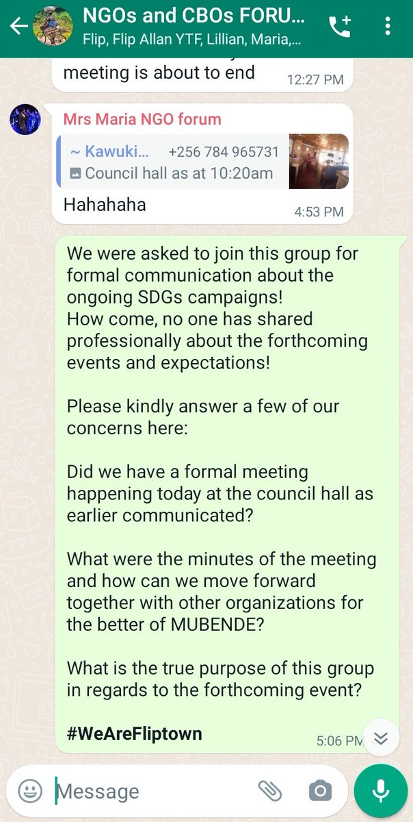 FliptownOrg's tweet photo. Removed from an SDGs festival organizing Whatsapp group for promoting open collaboration and transparency as NGOs get together in Mubende. @sdgs_ug @UNUganda @SDGsCoLab @SDGsUG #SDGs https://t.co/57NoeO2jtm