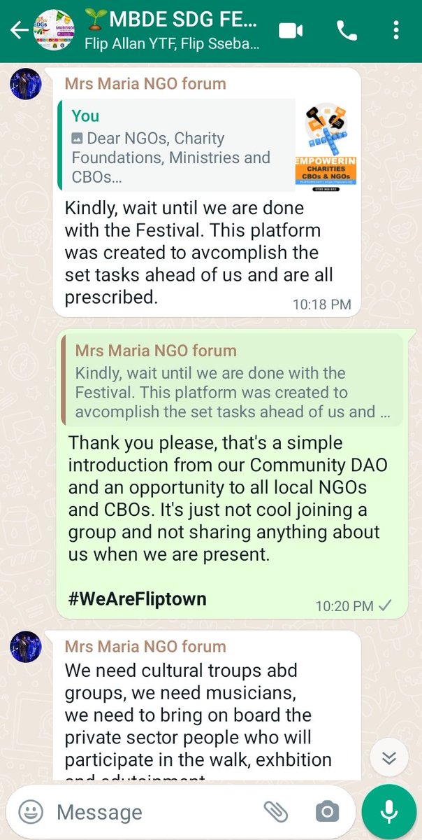 FliptownOrg's tweet photo. Removed from an SDGs festival organizing Whatsapp group for promoting open collaboration and transparency as NGOs get together in Mubende. @sdgs_ug @UNUganda @SDGsCoLab @SDGsUG #SDGs https://t.co/57NoeO2jtm