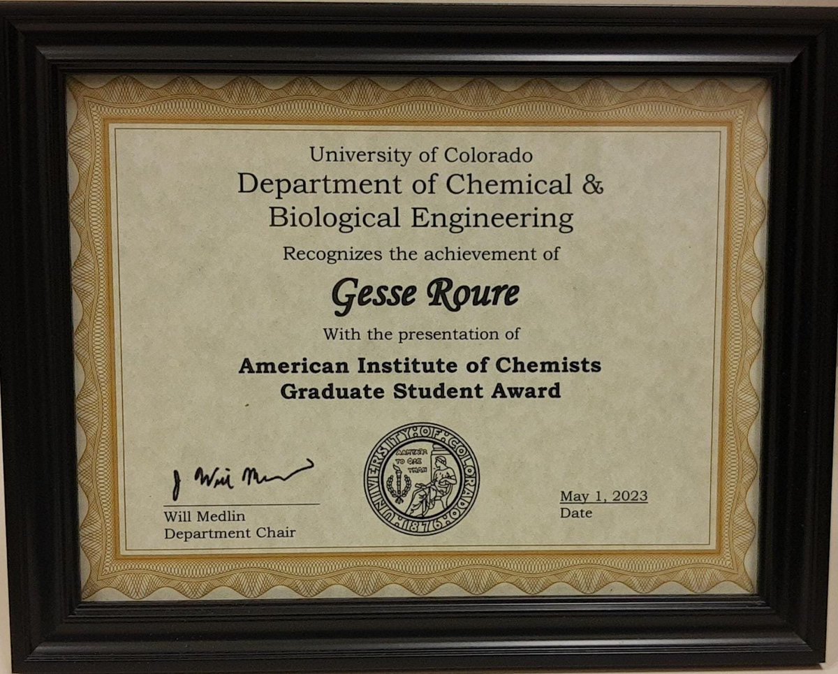 I am honored to receive the American Institute of Chemists Graduate Student Award from my department at @CUBoulder! Thank you to everyone who has supported me along this journey.