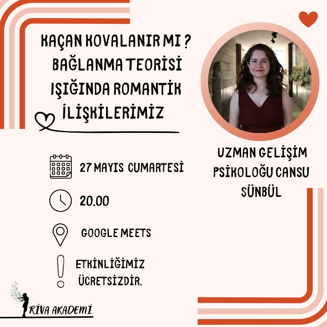 rivaakademi's tweet photo. Riva Akademi Akademik Etkinlik Ekibi'nden herkese merhaba ✨️

27 Mayıs Cumartesi günü saat 20.00'de Uzman Gelişim Psikoloğu Cansu Sünbül ile "Kaçan Kovalanır mı? Bağlanma Teorisi Işığında Romantik İlişkiler" etkinliğinde buluşuyoruz! 

Katılım formu: https://t.co/u6ZTovAspJ https://t.co/3ezeb8F9u2