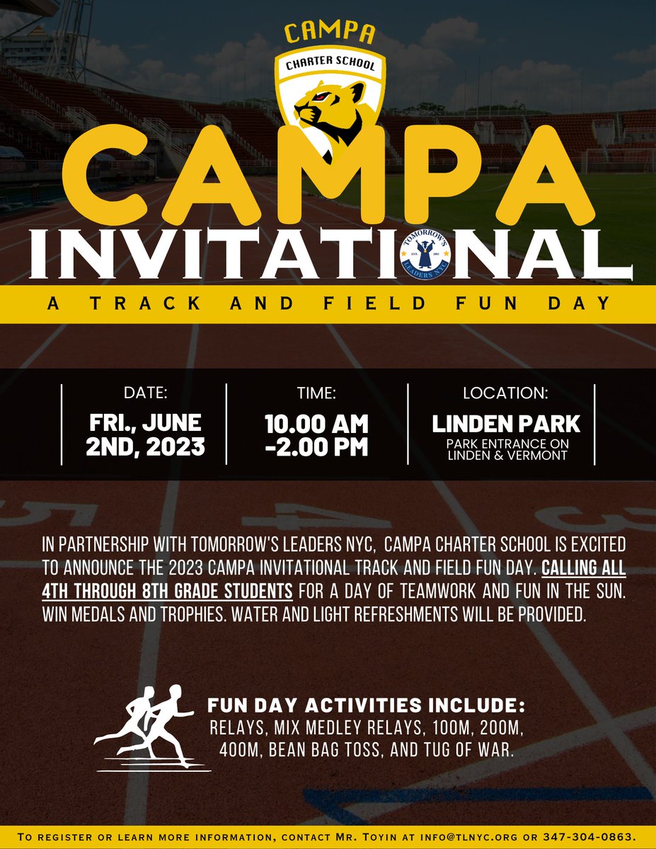 Campa_Charter's tweet image. The CAMPA Invitational Fun is in 10 days, on June 2nd at noon. All 4th to 8th-grade students are invited to join us on the field for a day full of fun! Email info@tlnyc.org to register or for more details. 🎉😺
-
-
-
-
#campacharter #socialemotionallearning #CAMPAFunDay