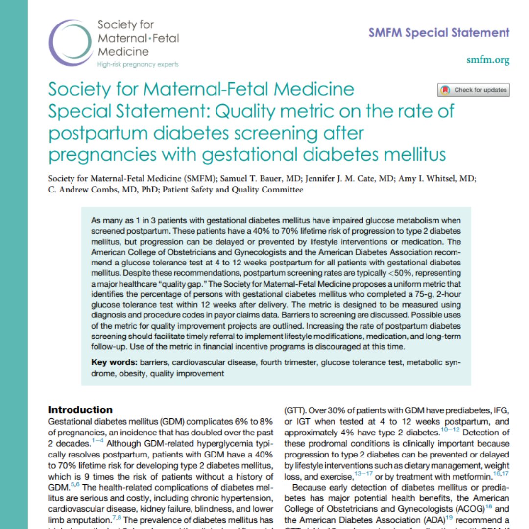 MySMFM's tweet photo. As many as 1 in 3 patients with gestational diabetes mellitus have impaired glucose metabolism when screened postpartum. Read the Special Statement from the @mySMFM Patient Safety &amp; Quality Committee, published in @AJOG_thegray:
https://t.co/bCwJMkoi32 https://t.co/z0CMHSuxEV