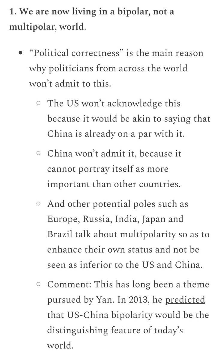 Yan Xuetong, uno de los académicos chinos más reconocidos en RRII, da en la tecla. La idea de bipolaridad no es "políticamente correcta" para nadie, pero tiene capacidad explicativa. Él desde el 2013, con <a href="/creusnicolas/">Nicolás Creus</a> desde el 2017 venimos sosteniendo el argumento