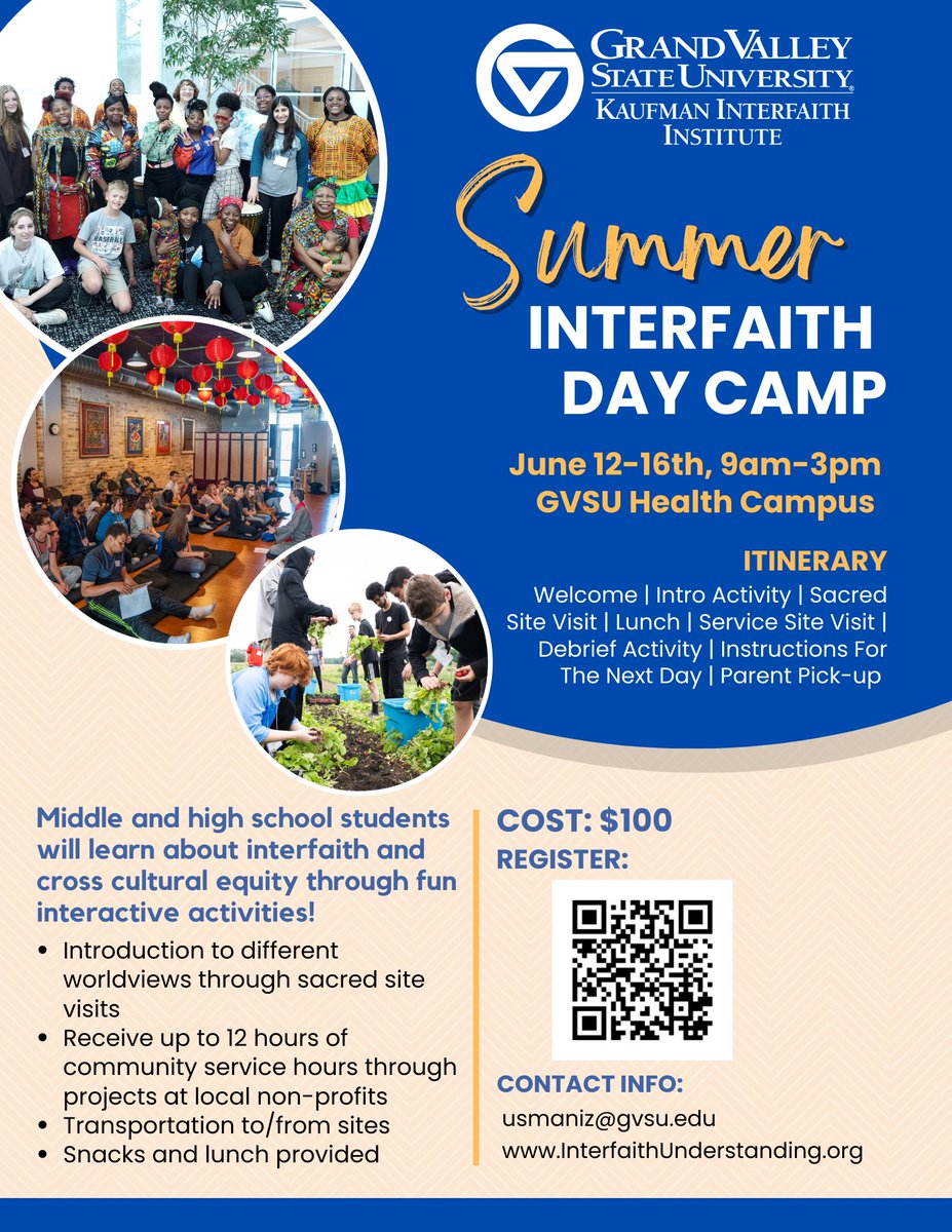Know a middle or high schooler who wants to learn how to make a difference in their community? Have them check out our Interfaith Day Camps, coming up this summer from June 12th-16th. #camp #GrandRapids

More info and registration: gvsu.edu/camps/view.htm…