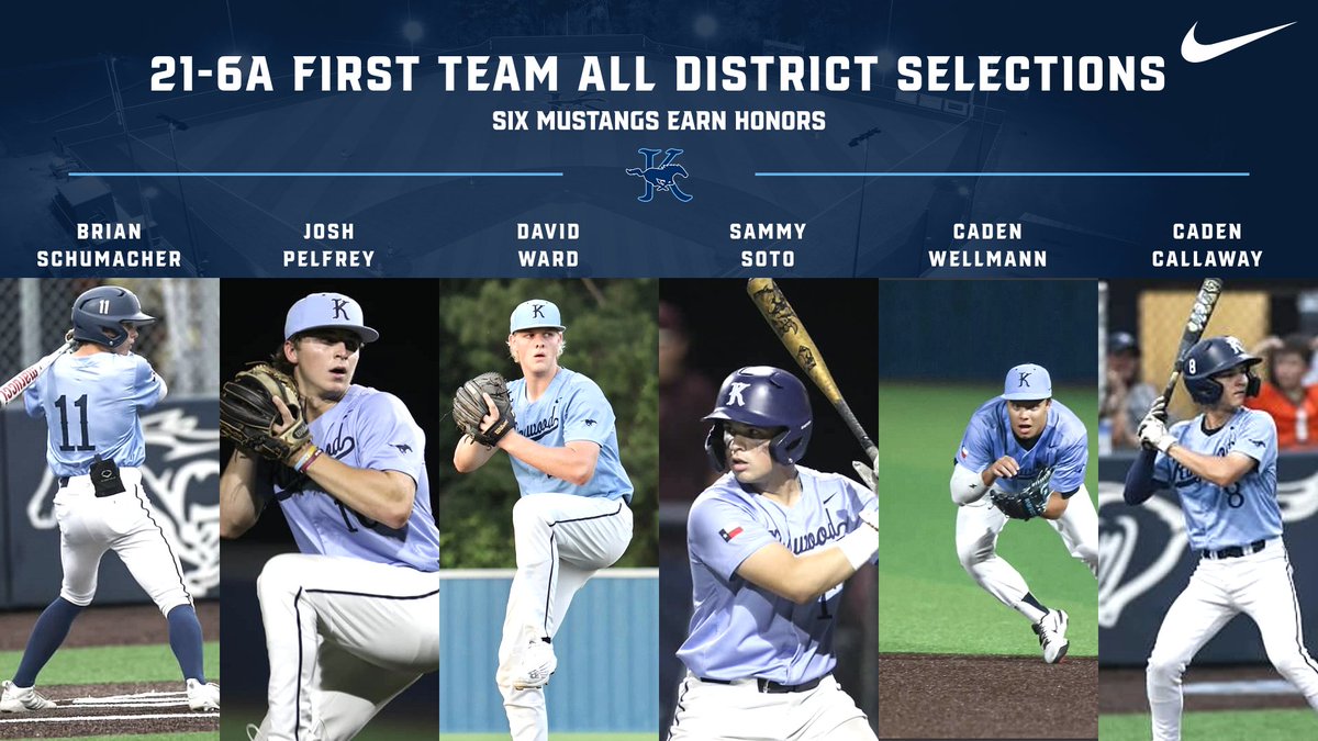 KWoodBaseball's tweet photo. Congratulations to the 6 Mustangs who were named 21-6A First Team All District. Including Brian Schumacher who was named Newcomer of the year.

#TRR23
#KVE https://t.co/RwoP5h36sk