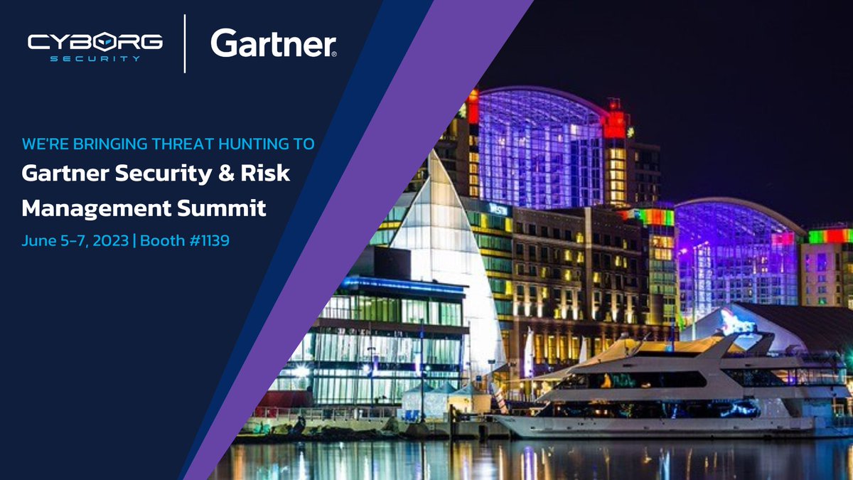 🚀 Heading to #GartnerSEC 2023? Stop by Booth #1139 to discover the power of proactive #ThreatHunting with Cyborg Security! Want a personalized demo of our HUNTER platform? Sign up now at huntwithcyb.org/3BRtDvW and get free accounts for your whole team. See you there!