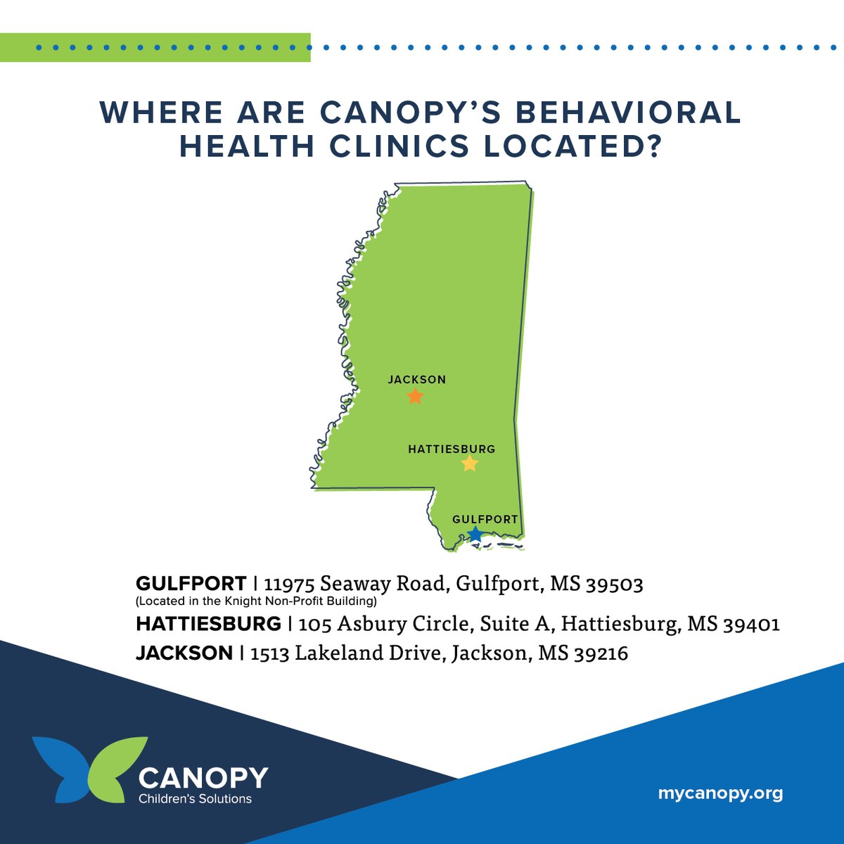 canopychildren's tweet image. #SolutionSpotlight Canopy&apos;s Behavioral Health Clinics are located in Gulfport, Hattiesburg and Jackson, MS. We serve children and youth ages 6 to 21.