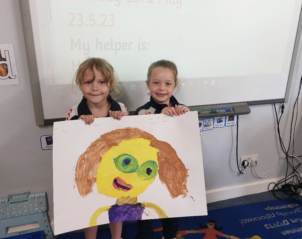 WellesleySchool's tweet photo. We teach our children the importance of kindness and emotional intelligence. The little girl on the left spent yesterday evening painting this picture for the little girl on the right. She presented it at school today and both girls are now full of happy thoughts and feelings. https://t.co/9JLSBnvF83