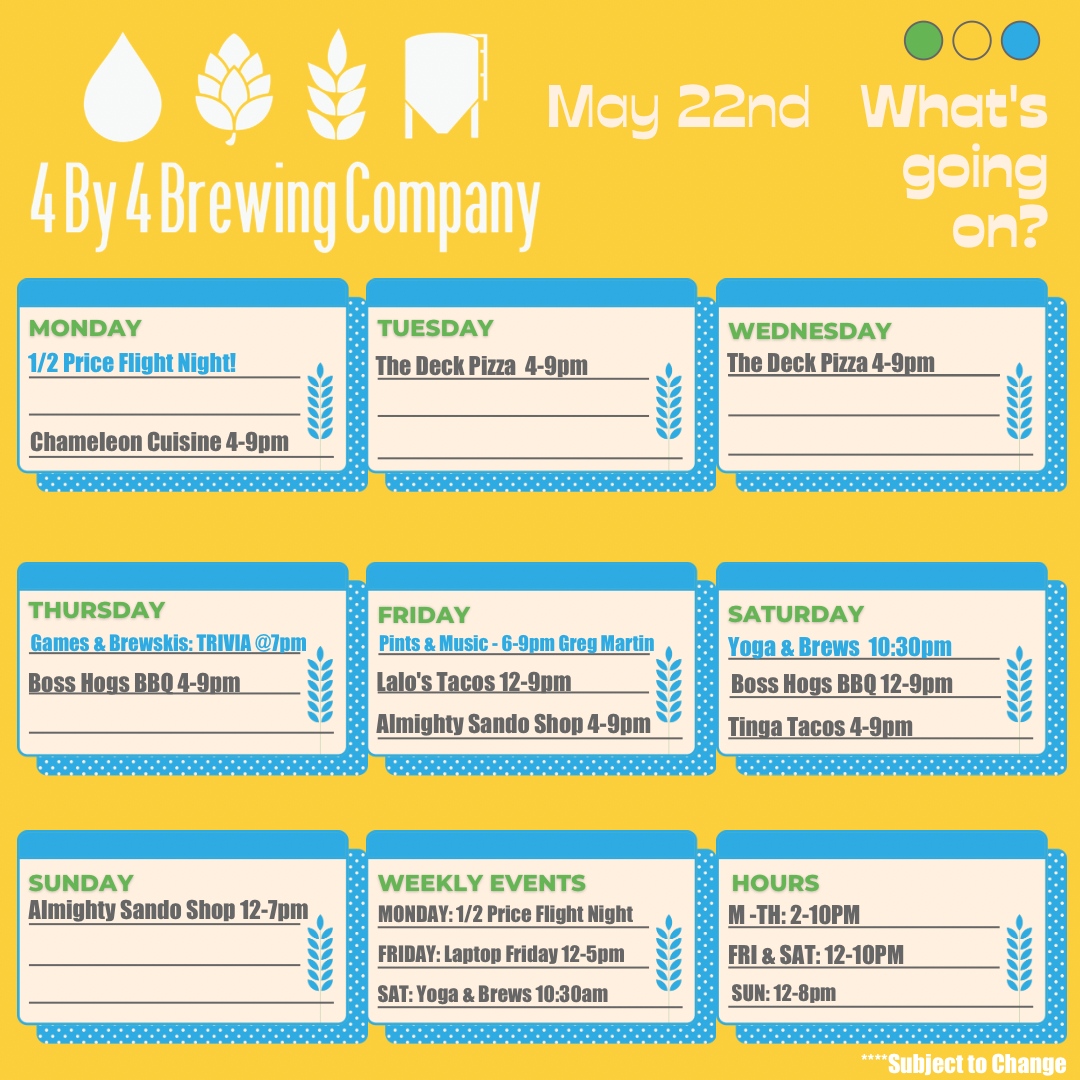 A day late but here is it....Weekly Events Post!!!⁠
⁠
Here is what's going on at our FREMONT HILLS location this week!⁠
⁠
#weeklyevents #flightnight #beertime #trivia #seeyousoon #laptopfriday #pintsandmusic #yogaandbrews #4by4brewingco ⁠