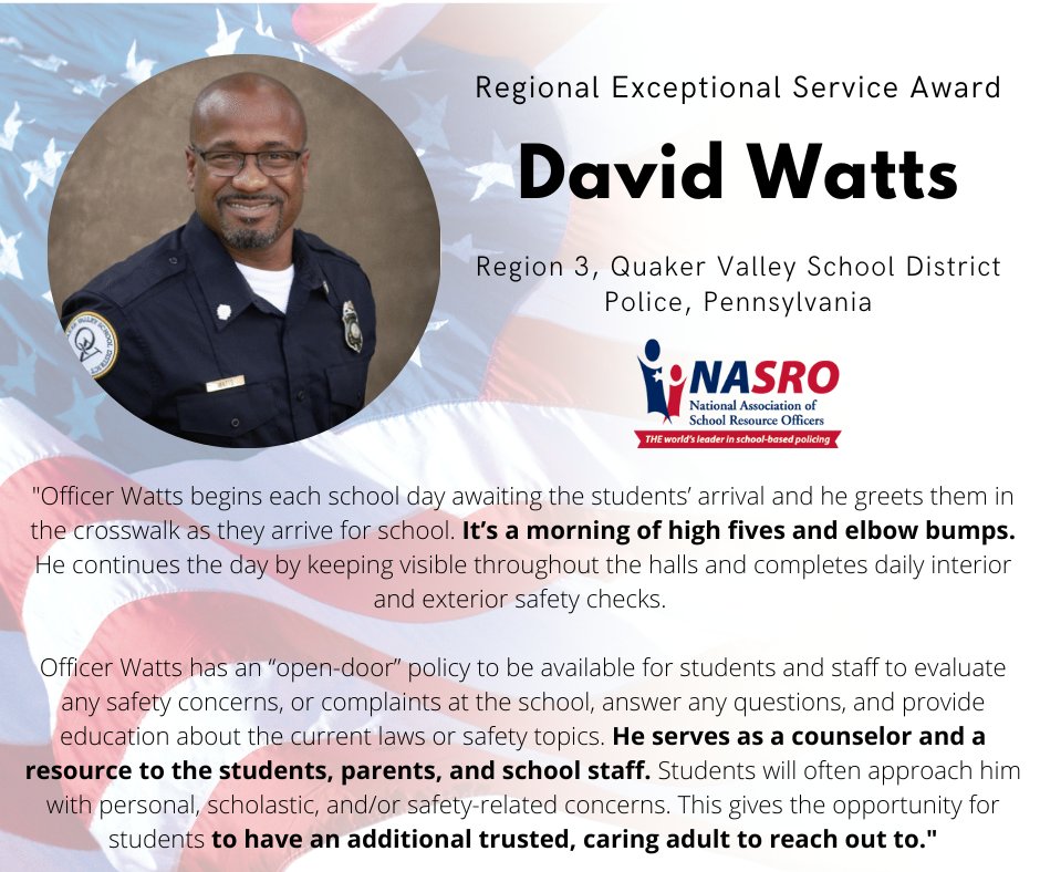 NASRO is honored to recognize Officer David Watts of the Quaker Valley School District Police as the Region 3 Exceptional Service Award winner.

Watts will be honored at this year's National School Safety Conference in Indianapolis. Register here: nasro.org/conference-lan…