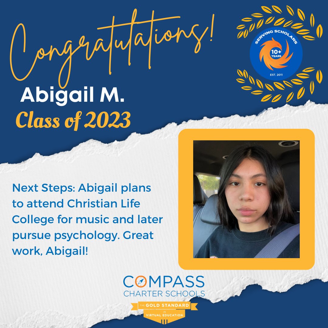 CompassCs's tweet photo. Help us honor Abigail! She plans to attend Christian Life College for music & later pursue psychology. Thank you for being an integral part of our #CompassFamily Abigail!
#CompassExperience #Classof2023 #NextChapterReady #SeniorSpotlight https://t.co/pp4zOHydmw