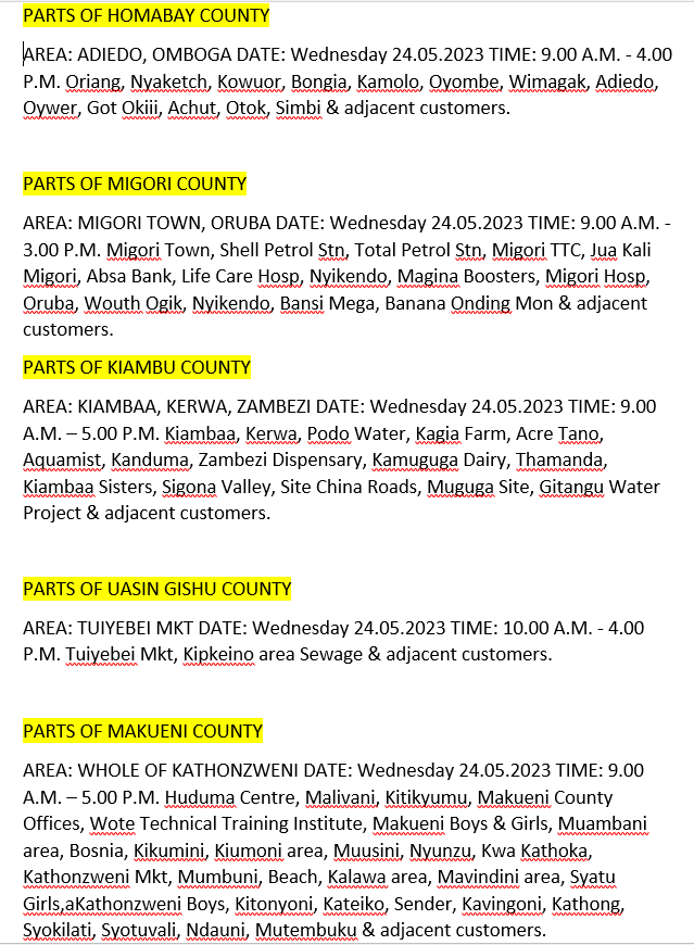 KenyaPower_Care's tweet photo. Good Evening. The listed areas will be affected by planned power interruptions tomorrow (24th May, 2023). The interruption is part of network maintenance. For the advance notice, use https://t.co/mzD2qgzBFc. To access the latest schedule, check under the most recent date. ^MW https://t.co/VkfbSkUuhV