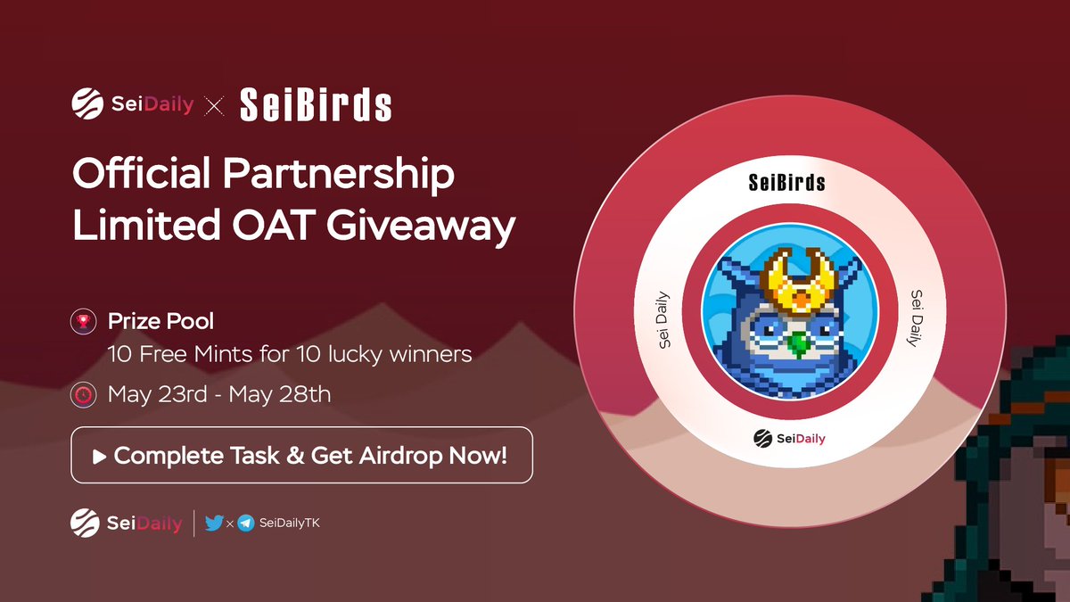 InkDailyTK's tweet image. 📢 OFFICIAL PARTNERSHIP GIVEAWAY

@SeiDailyTK x @SeiBirds

➡️ COMPLETE TASK &amp;amp; GET AIRDROP HERE:
galxe.com/Seidaily/campa…

🎁 Prize Pool: 10 Whitelists for 10 Lucky Winners

⌚ May 23rd - May 28th

#Airdrop #Giveaway #SeiNetwork