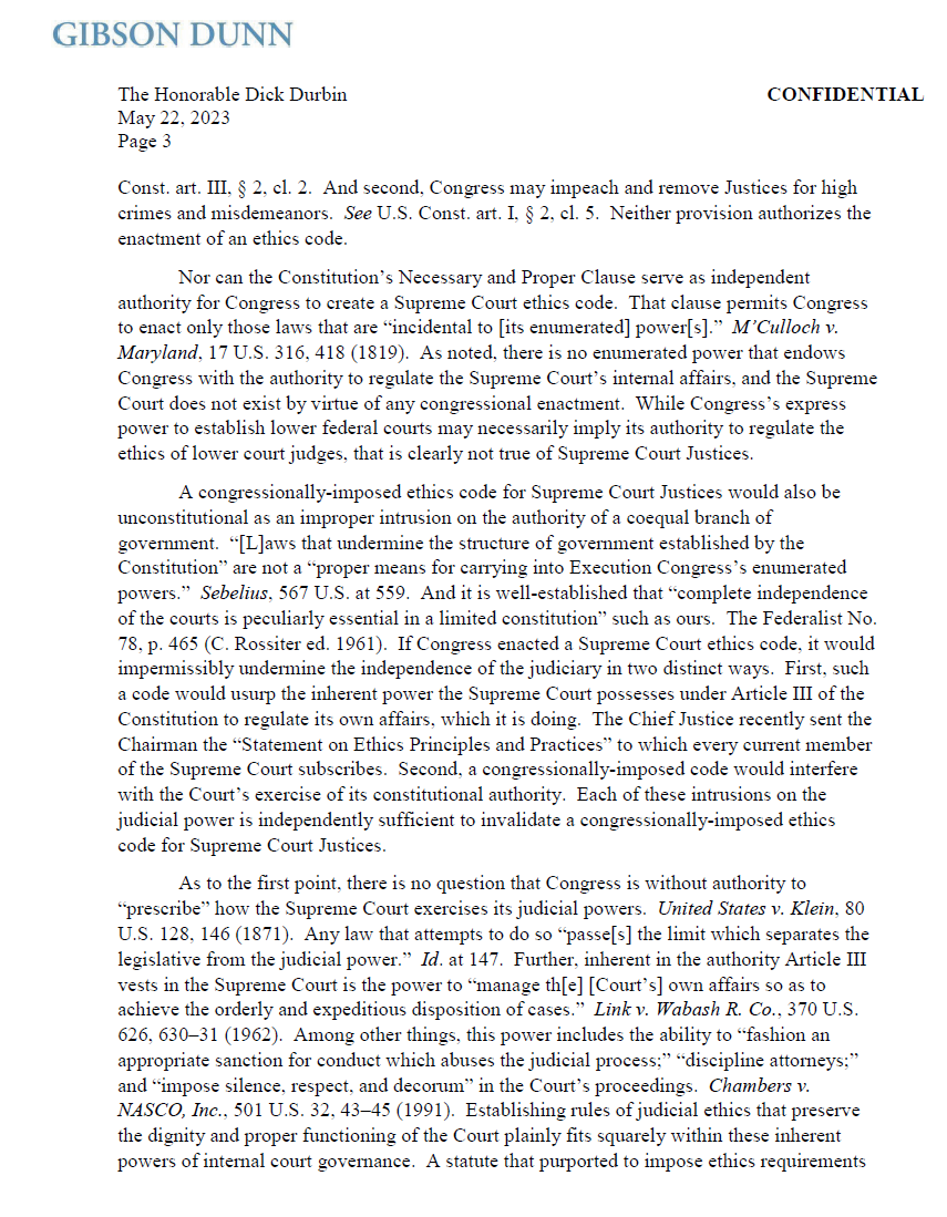 SCOOP: Here's the letter that Justice Clarence Thomas's benefactor Harlan Crow sent to the Senate Judiciary Committee last night. His lawyers, from top firm Gibson Dunn, are arguing Congress doesn't have the authority to investigate the Supreme Court. bloomberg.com/news/articles/…