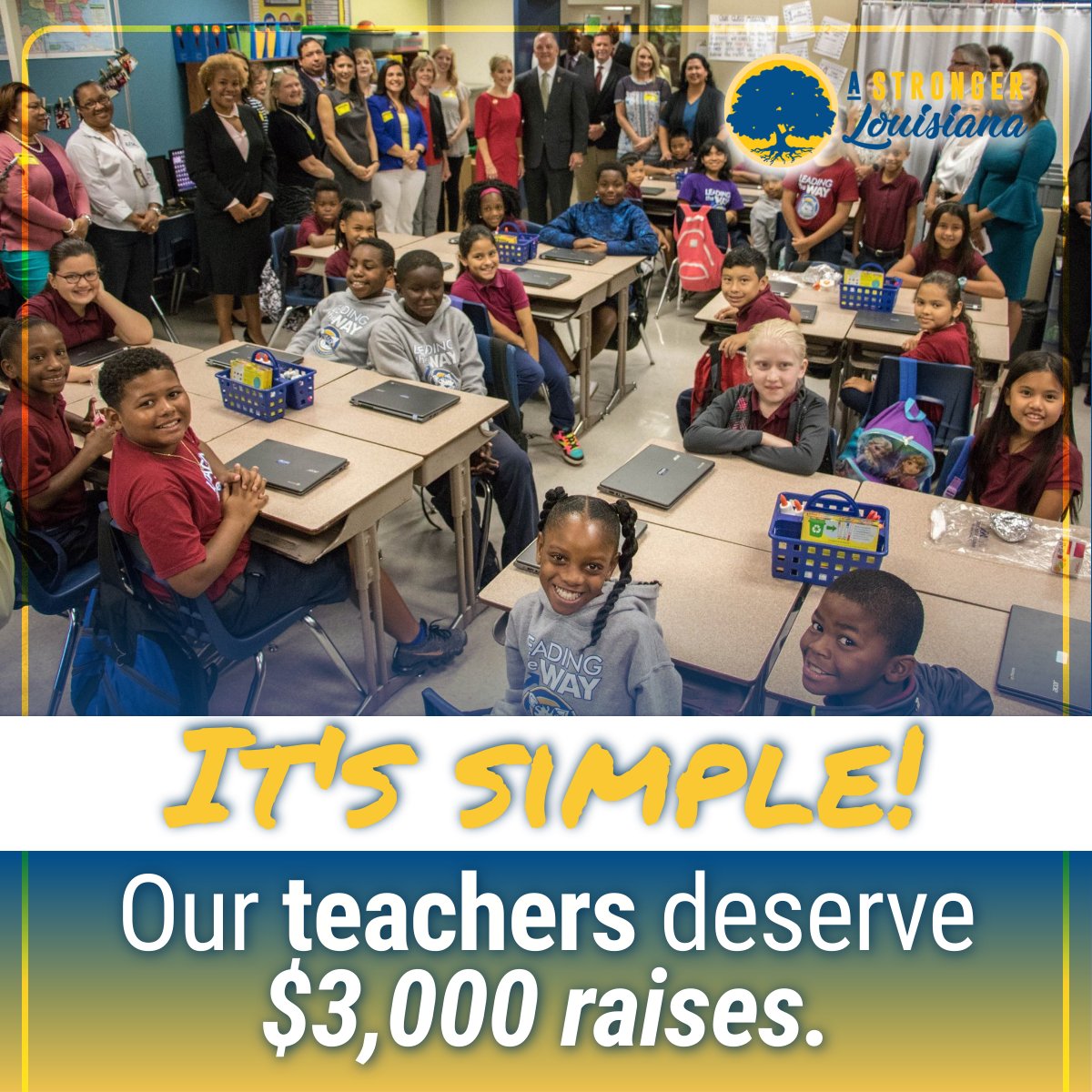 AStrongerLA's tweet photo. .@LouisianaGov John Bel Edwards’ budget prioritizes our teachers and students!

Teachers work tirelessly to ensure future generations have the skills they need to thrive. Let's give our educators the $3,000 pay raise they deserve. ✏️

#lalege #lagov https://t.co/G6PajojrxD