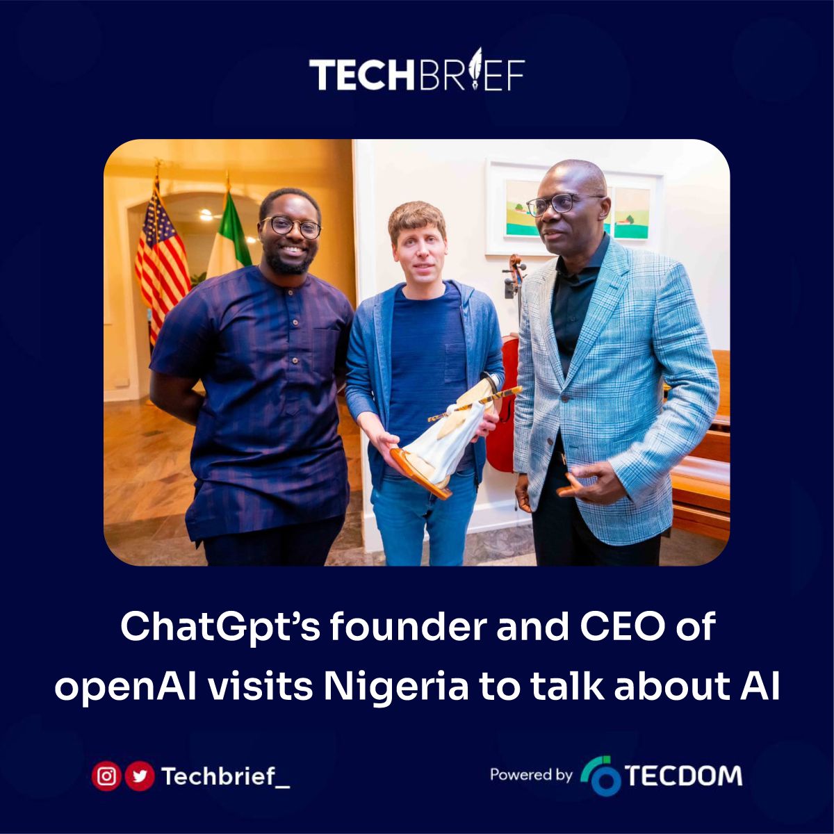 Techbrief_'s tweet photo. Sam Altman, the CEO of OpenAI, was recently spotted in Nigeria engaging with members of the local tech community, aiming to generate enthusiasm for the advancements in artificial intelligence. https://t.co/XOxIwxbOfk