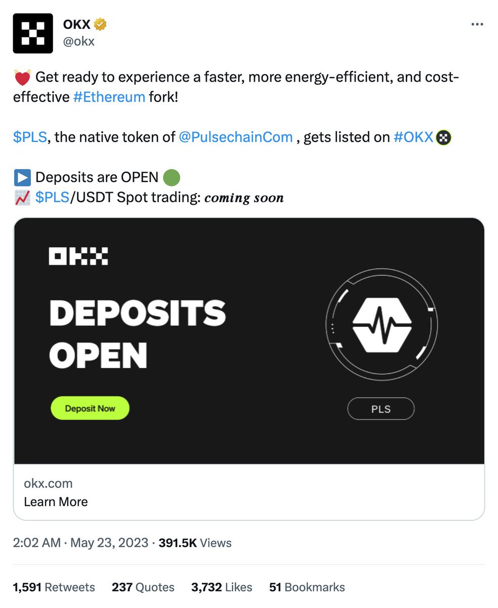 Looks like OKX is taking the cake! 🚀

Would not be surprised if many more exchanges follow suit very soon 😏

Who will be next?

#PulseChain $PLS