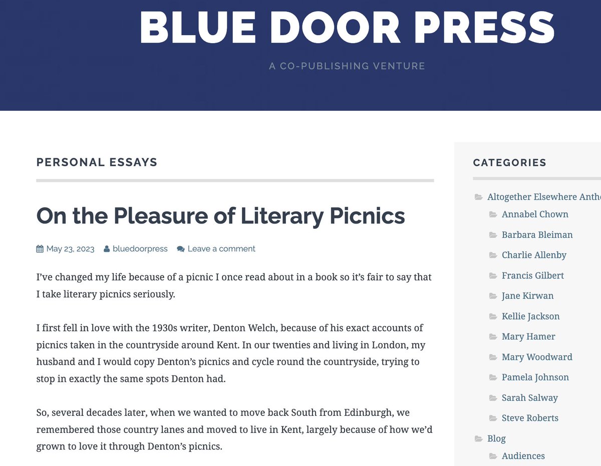 Blue Door Press (@bluedoorpress) on Twitter photo Beautiful new essay in our online series by <a href="/sarahsalway/">Sarah Salway</a> on 'The Literary Picnic'. A joy to read and perfect timing for good spring weather, announcing the start of plenty of opportunities for outdoor eating...and delicious literary reading! bluedoorpress.co.uk/category/perso… Beautiful new essay in our online series by <a href="/sarahsalway/">Sarah Salway</a> on 'The Literary Picnic'. A joy to read and perfect timing for good spring weather, announcing the start of plenty of opportunities for outdoor eating...and delicious literary reading! bluedoorpress.co.uk/category/perso…