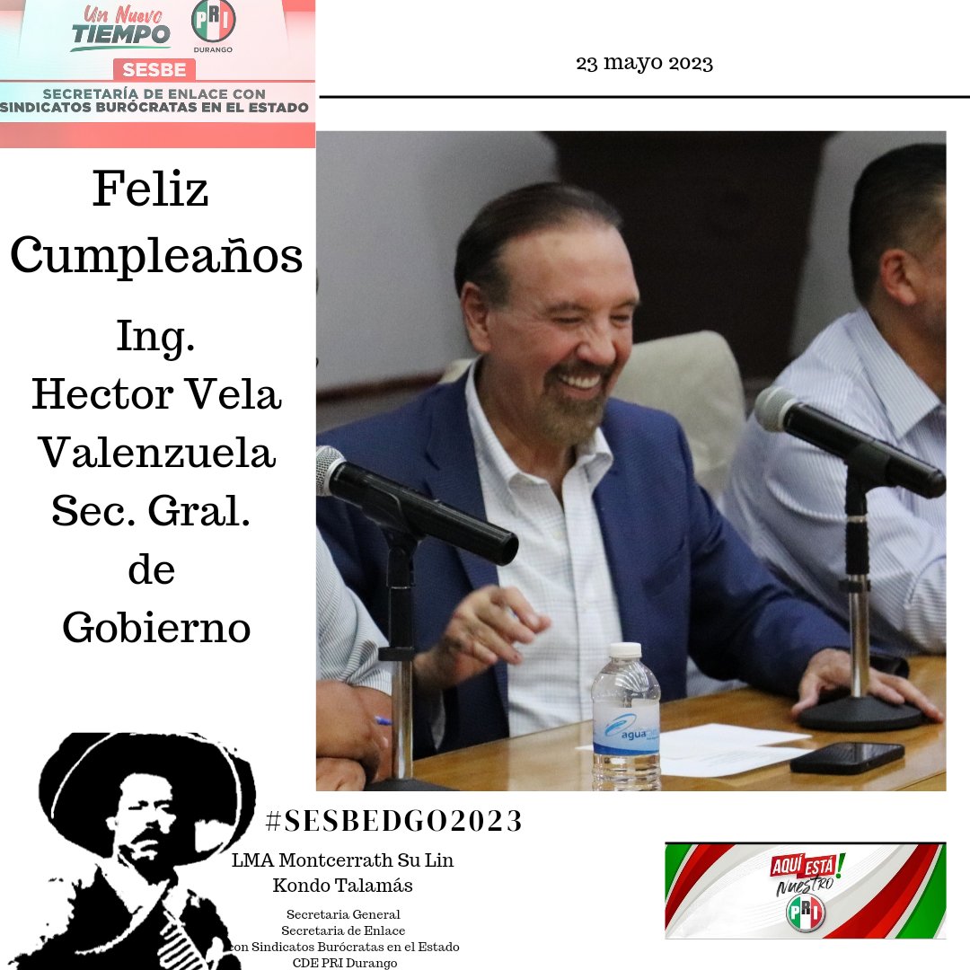 SESBEDGO's tweet photo. Que pase un día éxcelente en su Cumpleaños @hectorvelav Sec. Gral. de Gobierno en el Estado. Felicidades !! #23mayo  LMA Montce Kondo Talamás @yanez_arturo @GabyHLopez  #UnNuevoTiempo @PattyMarrufo @Danisotto 
@SCTorrecillas @EVillegasV  @AlyGamboa @SugheyTorresR  @RocioRebolloM https://t.co/jMyuYwp0s3