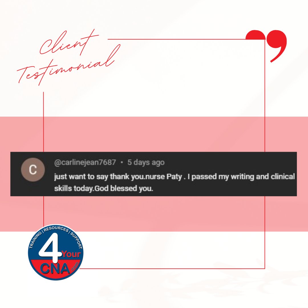 4yourcnavideos's tweet image. Let's congratulate everyone for passing their CNA exams! Welcome to healthcare! Share your win with us. Just leave a comment fresh comment to any of our YouTube videos for a shoutout 🤩

Happy caregiving from 4YourCNA 😘
#4YourCNA #cna #cnaproblems #cnalife