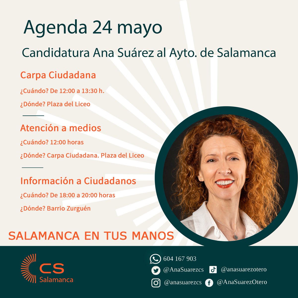 🗓️Agenda 24 de mayo

Carpa Ciudadana.

🕰️¿Cuándo?  De 12:00 a 14:00 h.

📍¿Dónde? Plaza del Liceo.
----
Atención a medios
🕰️¿Cuándo? 12:00 h.

📍¿Dónde? Plaza del Liceo. Carpa Ciudadana.
----
Información a Ciudadanos.

🕰️¿Cuándo? De 18:00 a 20:00 h.

📍¿Dónde? Barrio Zurguén