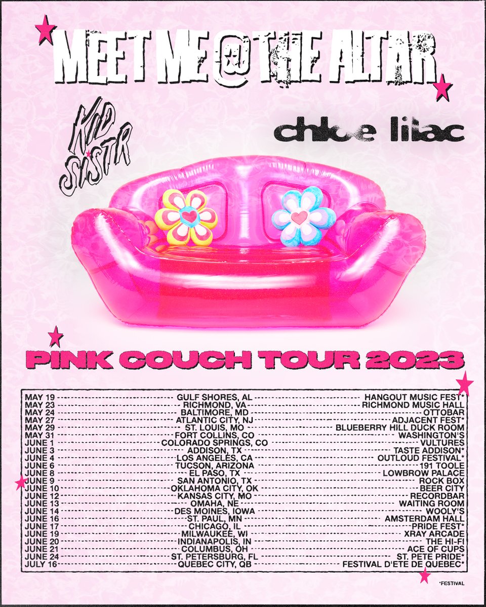 Meet Me @ The Altar 💒 (@mmataband) on Twitter photo The Pink Couch Tour kicks off TONIGHT!!! DID YOU GET YOUR TICKETS YET? WHERE ARE WE SEEING YOU!?!? @kidsistr <a href="/chloelilac_/">CHLOE LILAC</a>
🎟: meetmeatthealtar.com/tour/ The Pink Couch Tour kicks off TONIGHT!!! DID YOU GET YOUR TICKETS YET? WHERE ARE WE SEEING YOU!?!? @kidsistr <a href="/chloelilac_/">CHLOE LILAC</a>
🎟: meetmeatthealtar.com/tour/