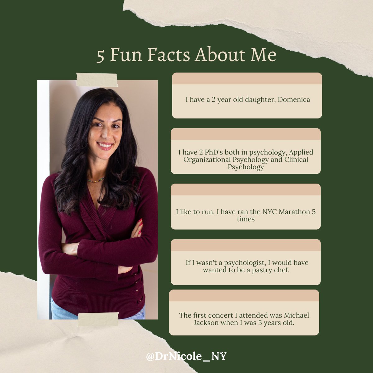 Curious to know more about me? Here are 5 fun facts about myself!
•
•
•
#drnicoleny #funfacts #psychologist #phd #daughter #workingmom #newyorkliving #happy