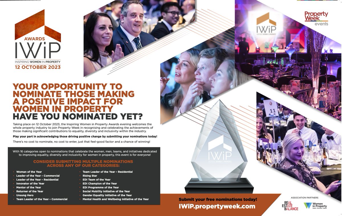 WiPUK's tweet photo. We're proud to support the @PropertyWeek #IWiP Awards celebrating those working to balance gender inequality...it could be you, your team, your client..the Awards are open to all! Deadline 31 May. Find out more here https://t.co/0Oz518n88m https://t.co/IR1bvzh2k6