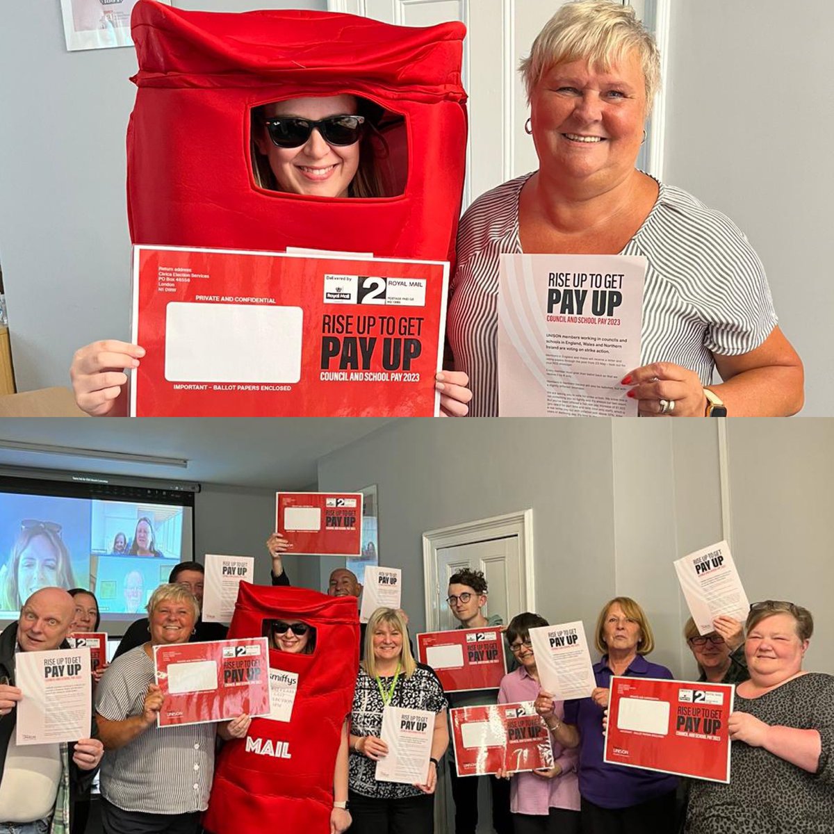 🚨YES, I did dress up as a postbox to let you know that pay ballots for school and council workers in England and Wales are in the post ✉️ 🚨

Over 50% of members must return their ballots to allow you to strike to end 13 years of pay cuts. Vote YES to action 💪

#PayUp2023