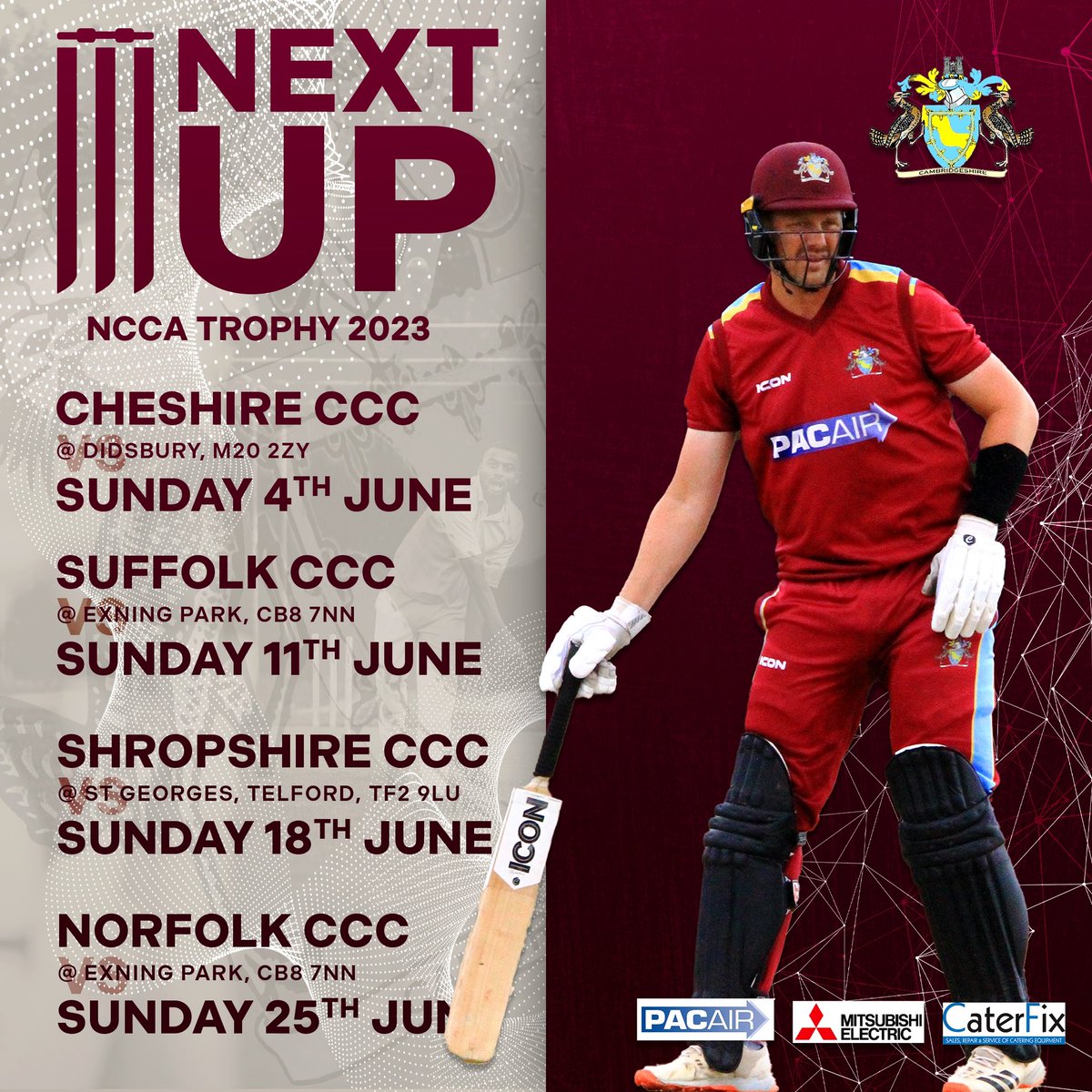 Cambs_CCC's tweet photo. Next up for us is the start of the @NCCA_uk 50 over Trophy! It all kicks off away to @CheshireCCC on 4th June before our first home game against @suffolkcricket at @BurwellExningCC 🏏 #CambsCCC #CambridgeshireCountyCricketClub #NCCA #NCCACricket #Cricket #NCCATrophy https://t.co/ctoDr6N6SJ
