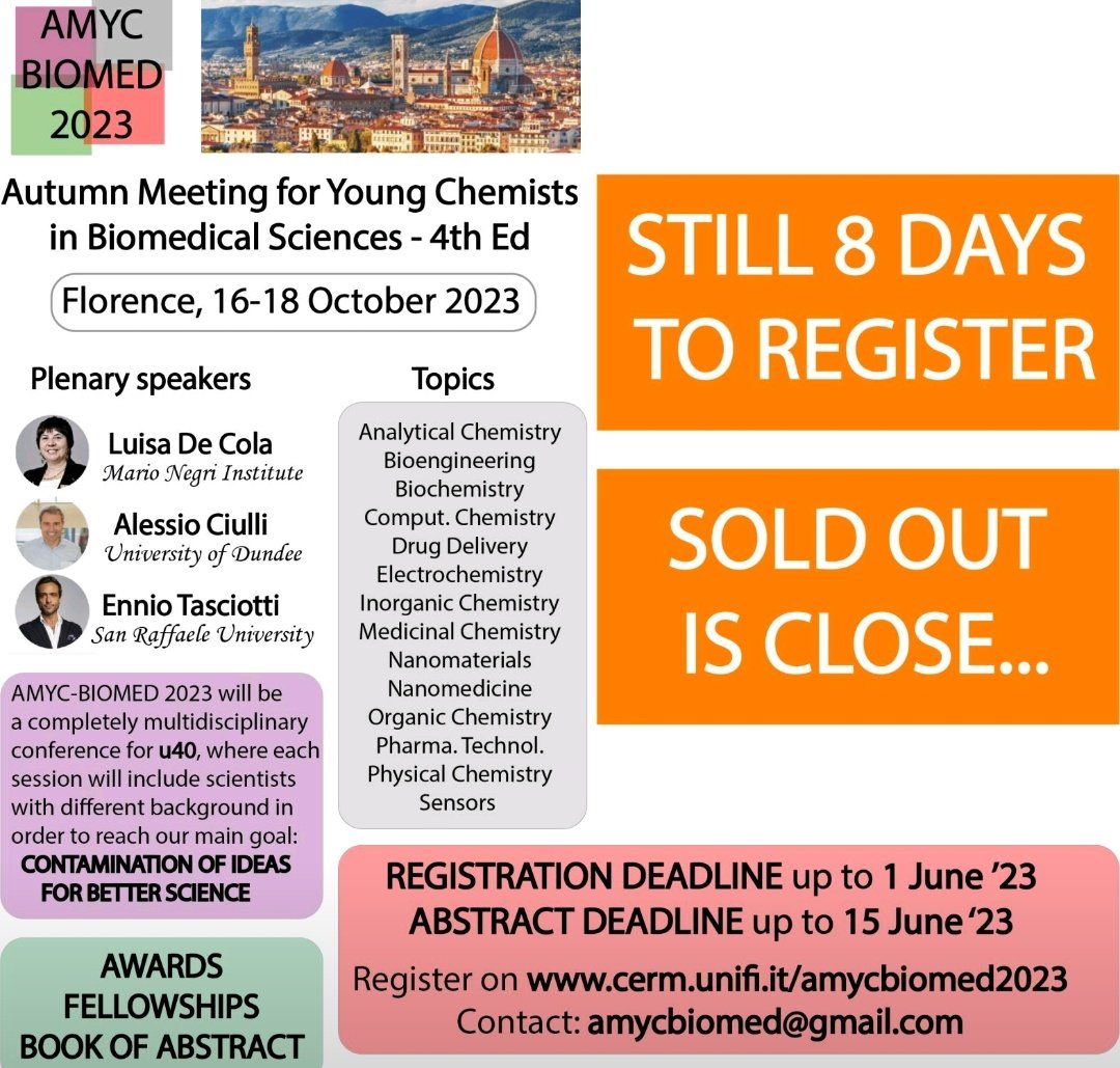 S_Cinti87's tweet photo. If you want to take part the best conference for young scientists in the field of biomed... You have still 8 days to register;)
@amycbiomed 
Few spots remaining... !!!! https://t.co/BM0GmTGr35