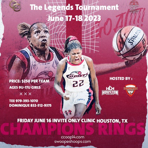 Join Former WNBA PLAYERS &amp; Hall of Famers: Cynthia Cooper &amp; Sheryl Swoopes June 17 &amp; 18 for the LEGENDS TOURNAMENT 

basketball.exposureevents.com/204543/cynthia… 

💢COOP &amp; SWOOPES will be in attendance! 💢

Limited spots available! 

Contact Tee
979-393-1070