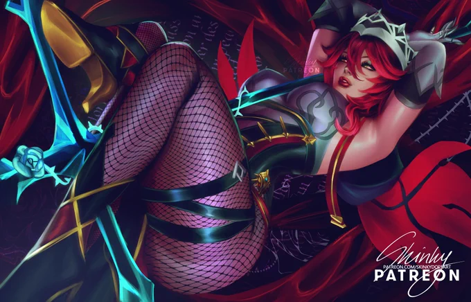 if ya babes wanna support me and see my monthly evelynn obsession u can by subbing in my p  patreon . com/skinkydoesart  BTGG pack for this month and Evelynn is the last rewar d out of 4!